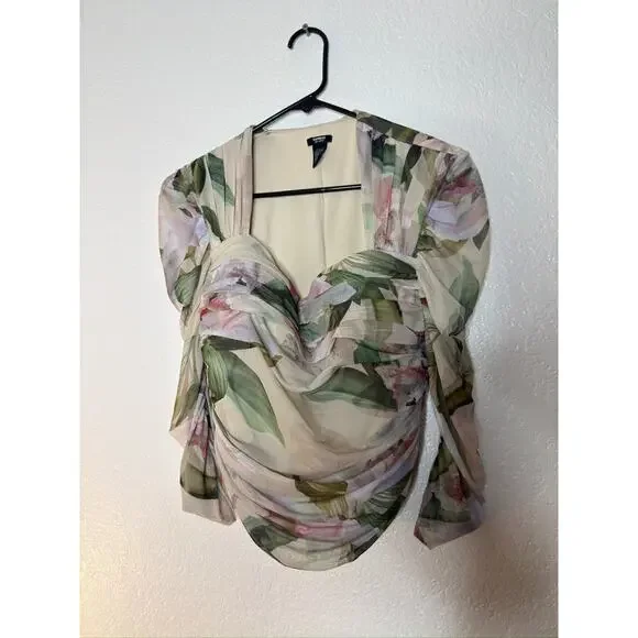 Express Body Contour Cropped Top Size L Womans Pink Floral Mesh Long Sleeve Y2K - Picture 2 of 5